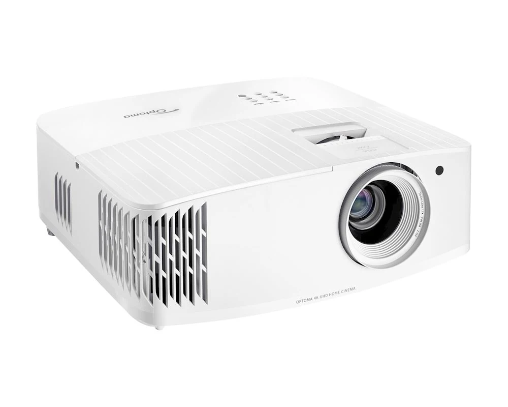 Biały projektor 4K Optoma UHD30, ujęcie z przodu i boku